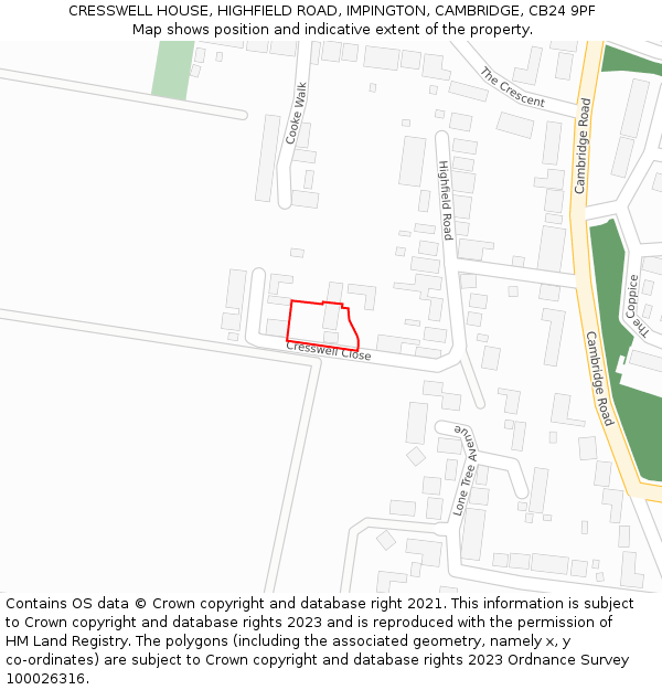 CRESSWELL HOUSE, HIGHFIELD ROAD, IMPINGTON, CAMBRIDGE, CB24 9PF: Location map and indicative extent of plot