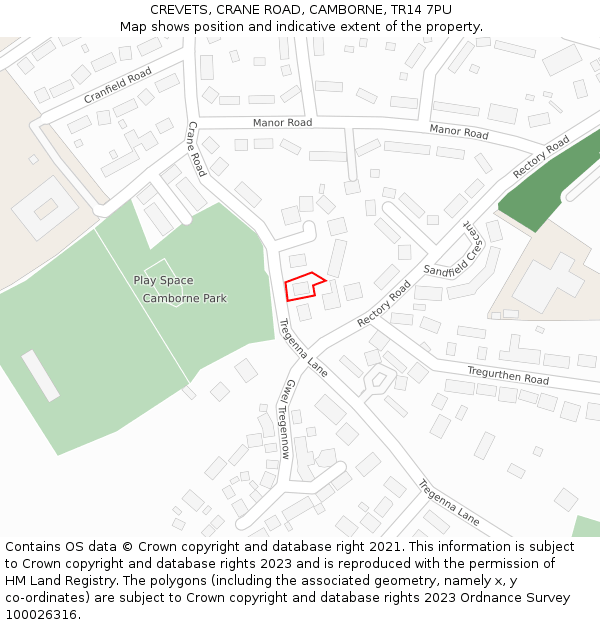 CREVETS, CRANE ROAD, CAMBORNE, TR14 7PU: Location map and indicative extent of plot