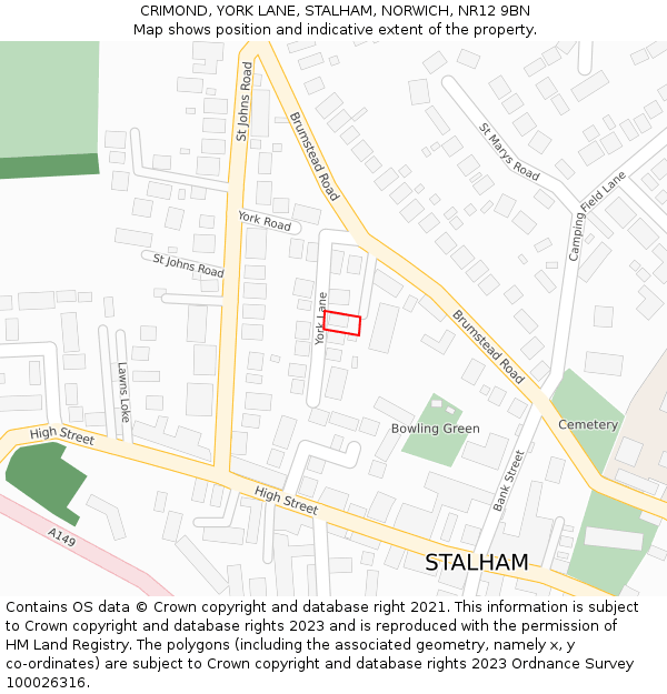 CRIMOND, YORK LANE, STALHAM, NORWICH, NR12 9BN: Location map and indicative extent of plot