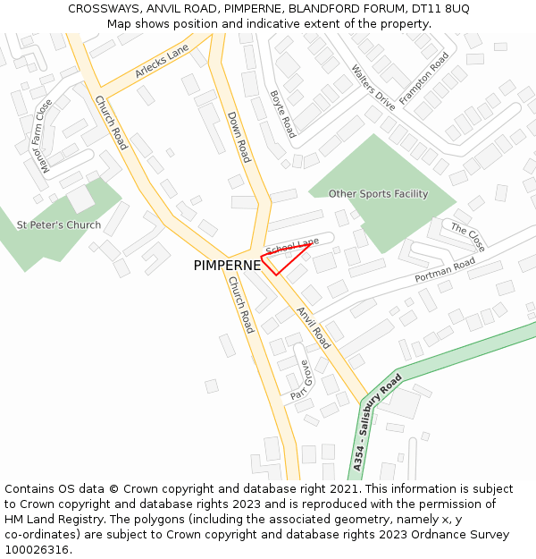 CROSSWAYS, ANVIL ROAD, PIMPERNE, BLANDFORD FORUM, DT11 8UQ: Location map and indicative extent of plot