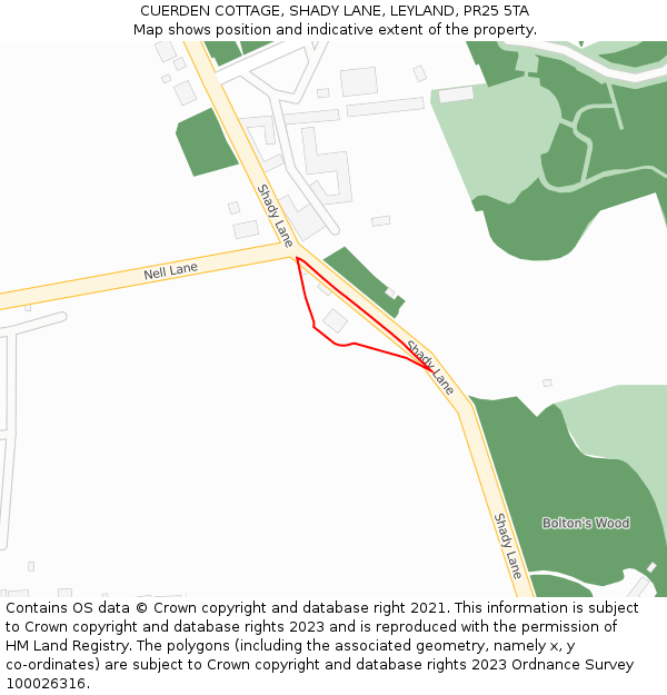 CUERDEN COTTAGE, SHADY LANE, LEYLAND, PR25 5TA: Location map and indicative extent of plot
