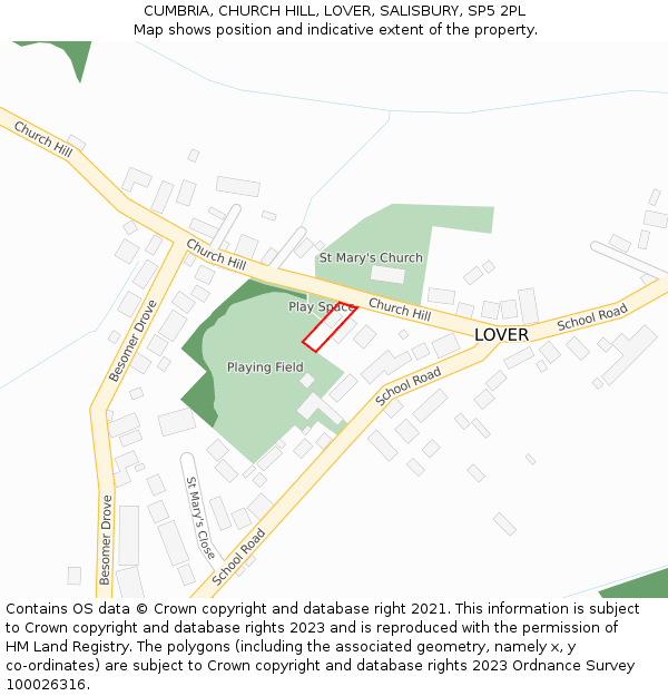 CUMBRIA, CHURCH HILL, LOVER, SALISBURY, SP5 2PL: Location map and indicative extent of plot