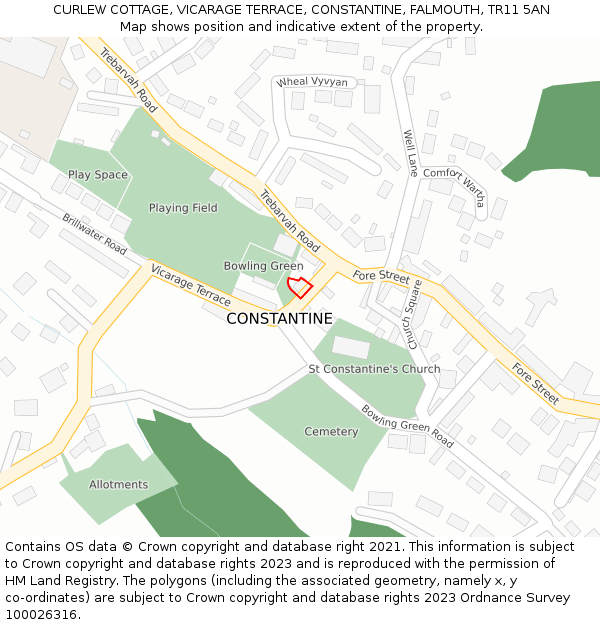 CURLEW COTTAGE, VICARAGE TERRACE, CONSTANTINE, FALMOUTH, TR11 5AN: Location map and indicative extent of plot