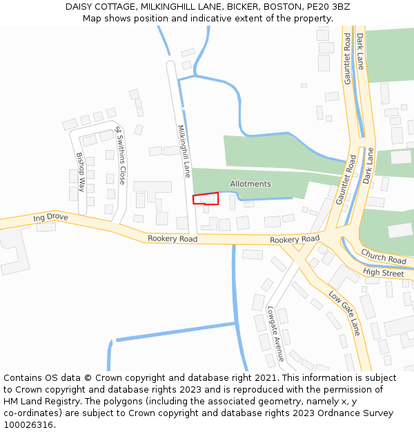 DAISY COTTAGE, MILKINGHILL LANE, BICKER, BOSTON, PE20 3BZ: Location map and indicative extent of plot