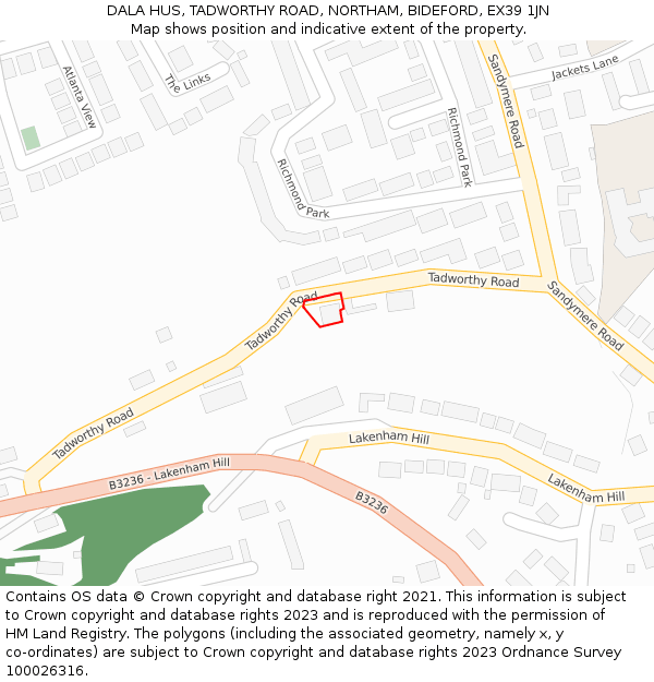 DALA HUS, TADWORTHY ROAD, NORTHAM, BIDEFORD, EX39 1JN: Location map and indicative extent of plot