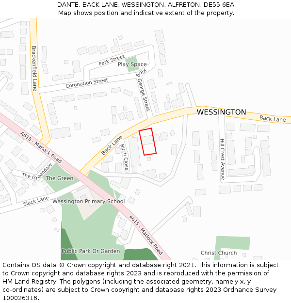 DANTE, BACK LANE, WESSINGTON, ALFRETON, DE55 6EA: Location map and indicative extent of plot