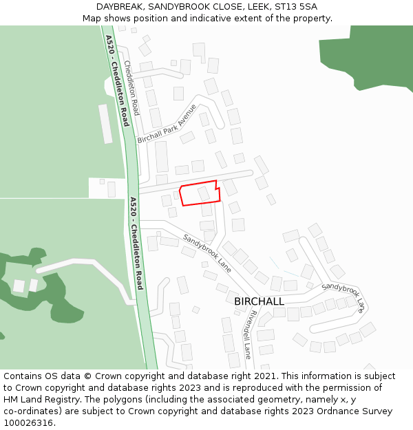 DAYBREAK, SANDYBROOK CLOSE, LEEK, ST13 5SA: Location map and indicative extent of plot