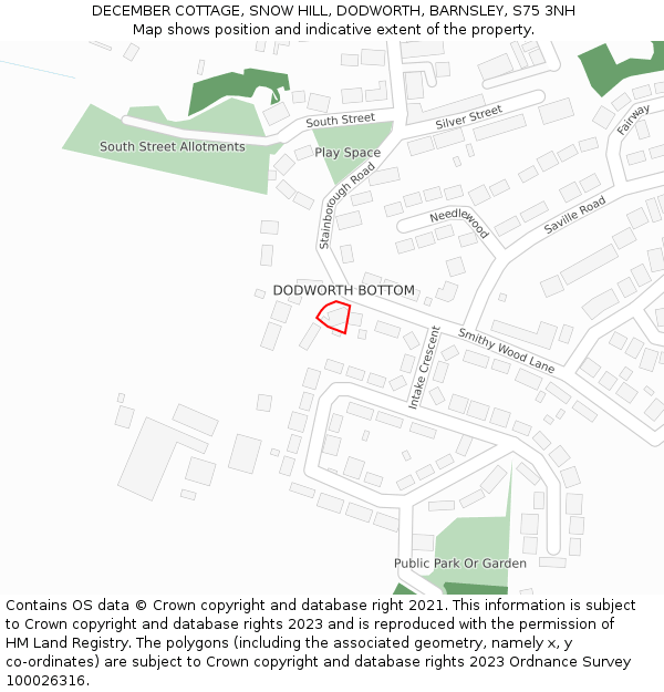 DECEMBER COTTAGE, SNOW HILL, DODWORTH, BARNSLEY, S75 3NH: Location map and indicative extent of plot
