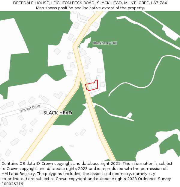 DEEPDALE HOUSE, LEIGHTON BECK ROAD, SLACK HEAD, MILNTHORPE, LA7 7AX: Location map and indicative extent of plot
