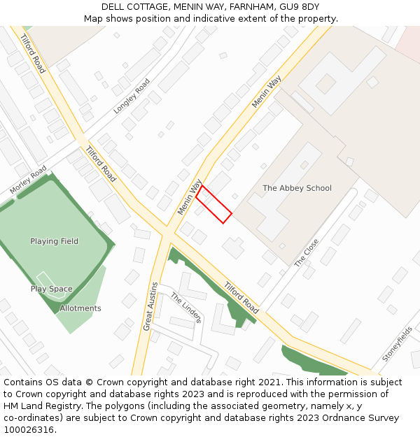DELL COTTAGE, MENIN WAY, FARNHAM, GU9 8DY: Location map and indicative extent of plot