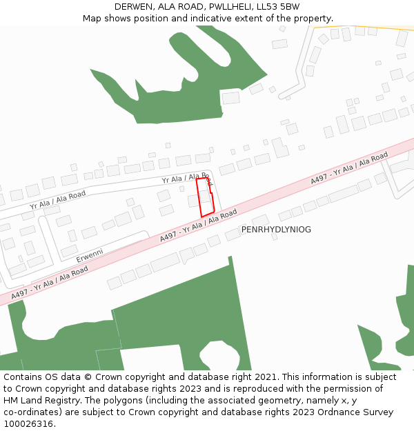 DERWEN, ALA ROAD, PWLLHELI, LL53 5BW: Location map and indicative extent of plot