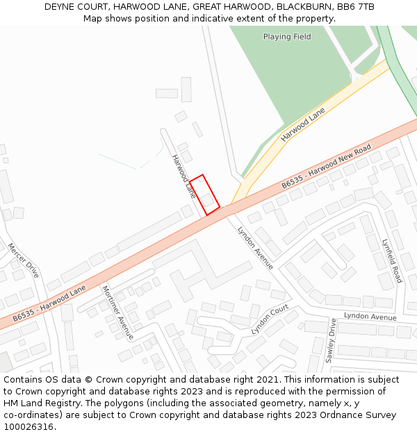 DEYNE COURT, HARWOOD LANE, GREAT HARWOOD, BLACKBURN, BB6 7TB: Location map and indicative extent of plot