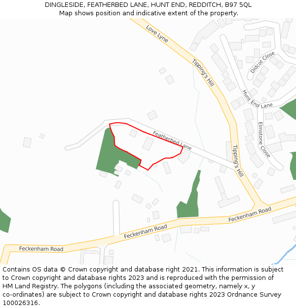DINGLESIDE, FEATHERBED LANE, HUNT END, REDDITCH, B97 5QL: Location map and indicative extent of plot