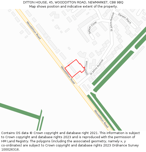 DITTON HOUSE, 45, WOODDITTON ROAD, NEWMARKET, CB8 9BQ: Location map and indicative extent of plot