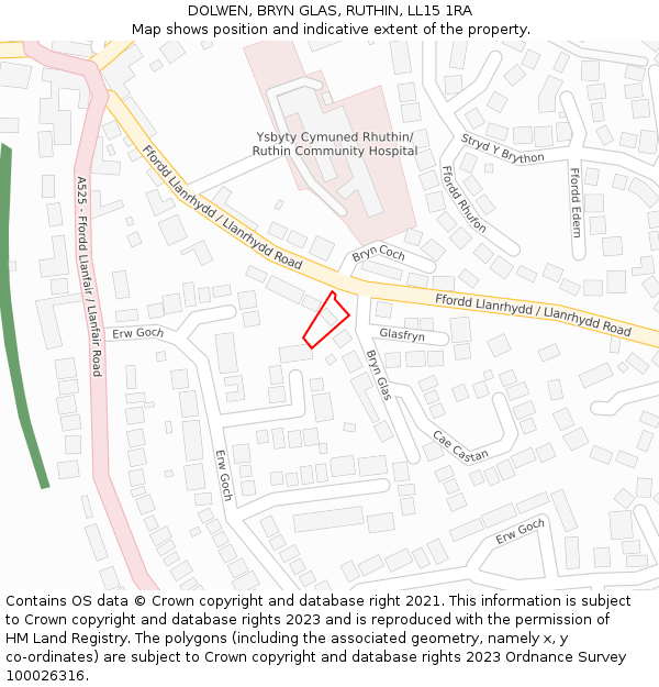 DOLWEN, BRYN GLAS, RUTHIN, LL15 1RA: Location map and indicative extent of plot