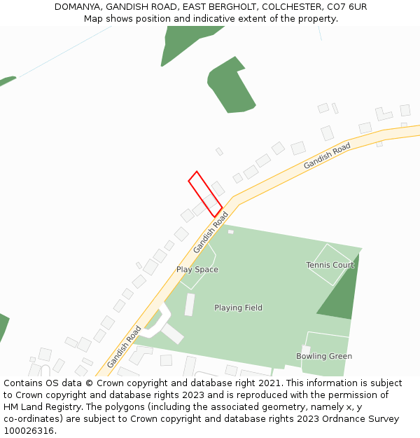 DOMANYA, GANDISH ROAD, EAST BERGHOLT, COLCHESTER, CO7 6UR: Location map and indicative extent of plot
