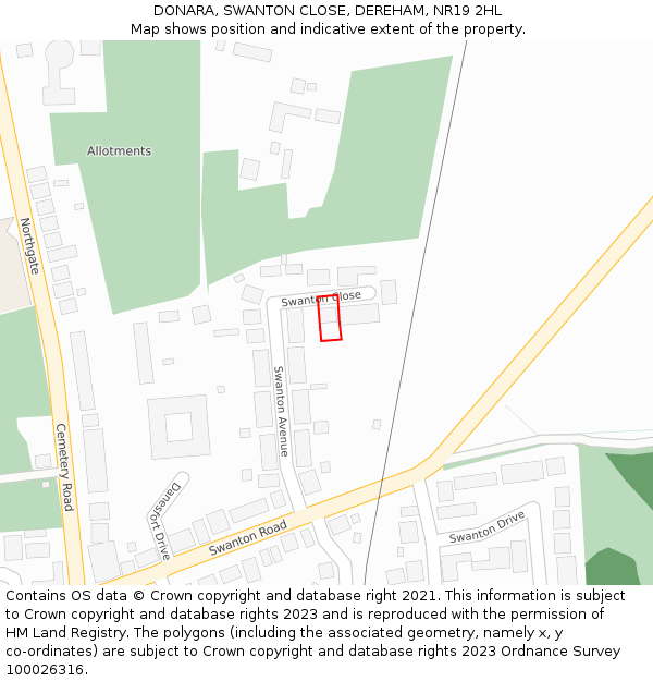 DONARA, SWANTON CLOSE, DEREHAM, NR19 2HL: Location map and indicative extent of plot