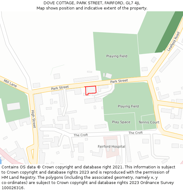 DOVE COTTAGE, PARK STREET, FAIRFORD, GL7 4JL: Location map and indicative extent of plot