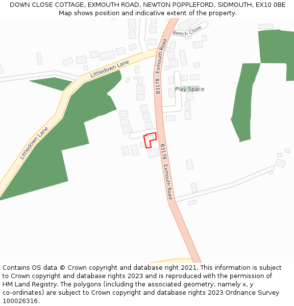 DOWN CLOSE COTTAGE, EXMOUTH ROAD, NEWTON POPPLEFORD, SIDMOUTH, EX10 0BE: Location map and indicative extent of plot