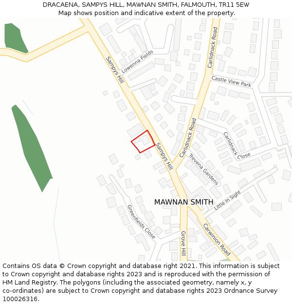 DRACAENA, SAMPYS HILL, MAWNAN SMITH, FALMOUTH, TR11 5EW: Location map and indicative extent of plot