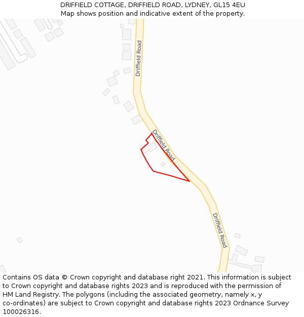 DRIFFIELD COTTAGE, DRIFFIELD ROAD, LYDNEY, GL15 4EU: Location map and indicative extent of plot