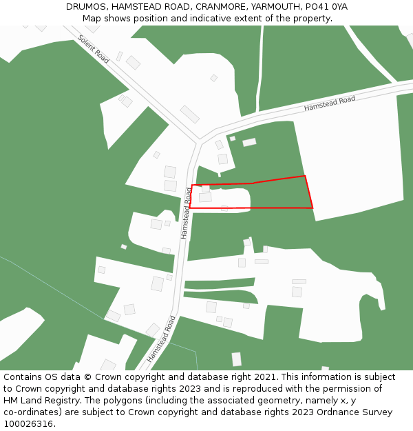 DRUMOS, HAMSTEAD ROAD, CRANMORE, YARMOUTH, PO41 0YA: Location map and indicative extent of plot
