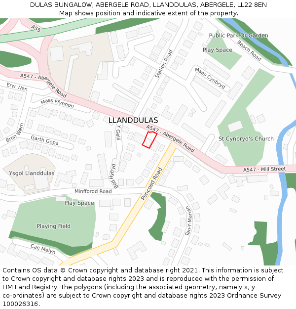 DULAS BUNGALOW, ABERGELE ROAD, LLANDDULAS, ABERGELE, LL22 8EN: Location map and indicative extent of plot