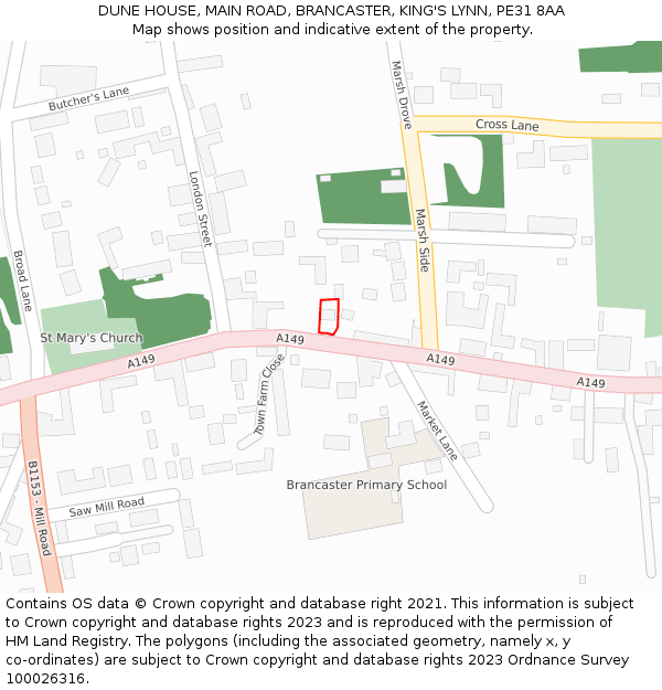 DUNE HOUSE, MAIN ROAD, BRANCASTER, KING'S LYNN, PE31 8AA: Location map and indicative extent of plot