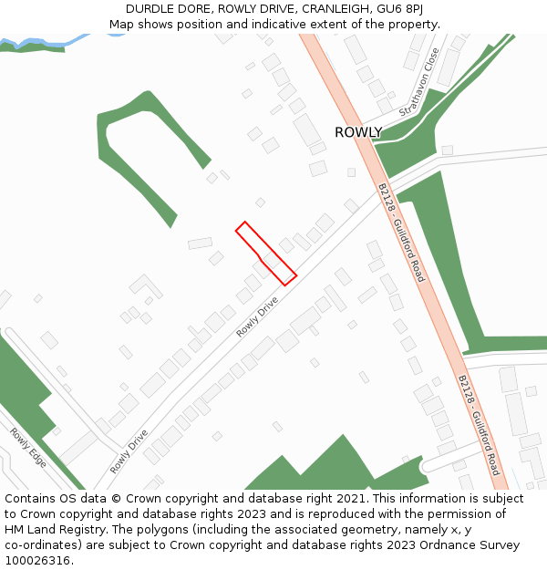 DURDLE DORE, ROWLY DRIVE, CRANLEIGH, GU6 8PJ: Location map and indicative extent of plot