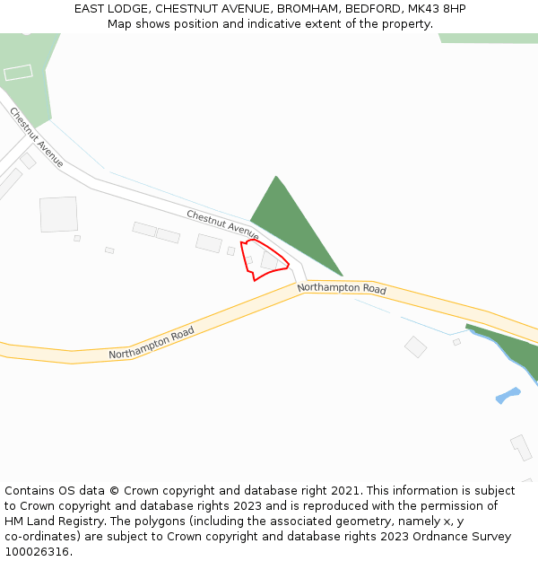 EAST LODGE, CHESTNUT AVENUE, BROMHAM, BEDFORD, MK43 8HP: Location map and indicative extent of plot