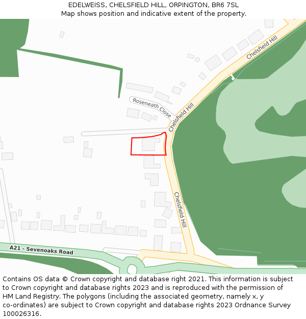 EDELWEISS, CHELSFIELD HILL, ORPINGTON, BR6 7SL: Location map and indicative extent of plot