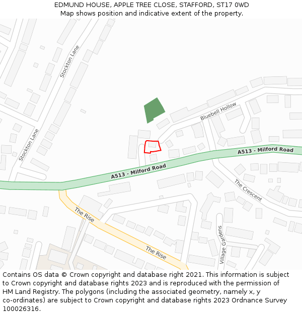 EDMUND HOUSE, APPLE TREE CLOSE, STAFFORD, ST17 0WD: Location map and indicative extent of plot