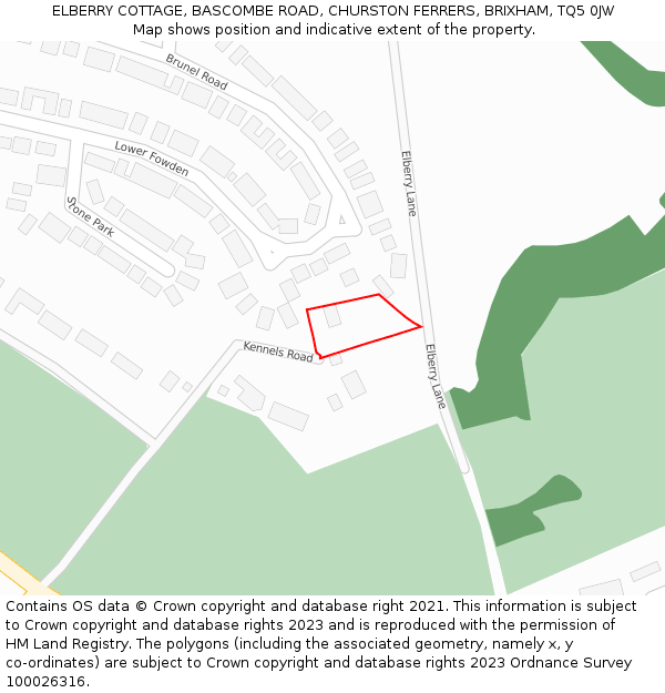 ELBERRY COTTAGE, BASCOMBE ROAD, CHURSTON FERRERS, BRIXHAM, TQ5 0JW: Location map and indicative extent of plot