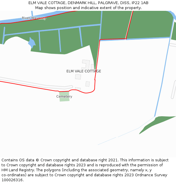 ELM VALE COTTAGE, DENMARK HILL, PALGRAVE, DISS, IP22 1AB: Location map and indicative extent of plot