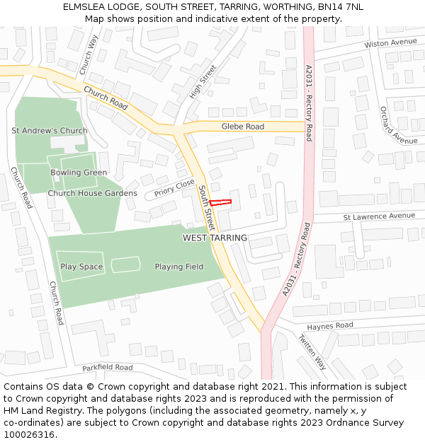 ELMSLEA LODGE, SOUTH STREET, TARRING, WORTHING, BN14 7NL: Location map and indicative extent of plot