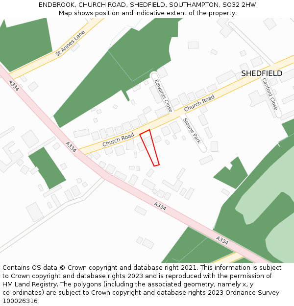 ENDBROOK, CHURCH ROAD, SHEDFIELD, SOUTHAMPTON, SO32 2HW: Location map and indicative extent of plot