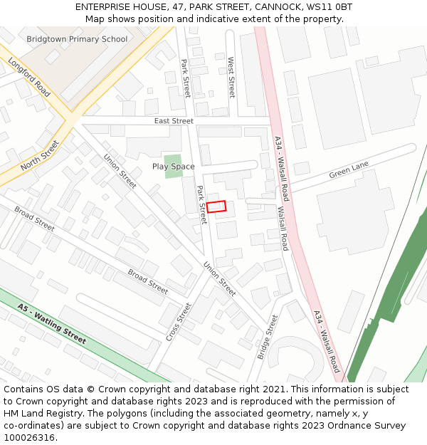 ENTERPRISE HOUSE, 47, PARK STREET, CANNOCK, WS11 0BT: Location map and indicative extent of plot