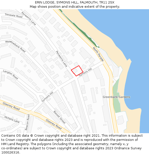 ERIN LODGE, SYMONS HILL, FALMOUTH, TR11 2SX: Location map and indicative extent of plot
