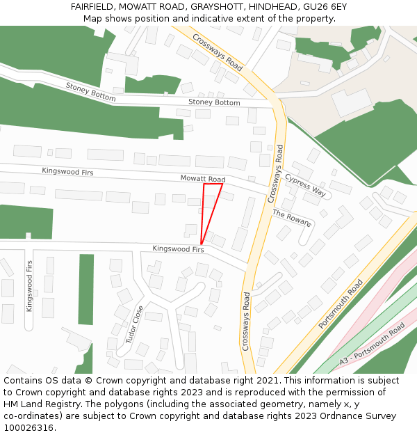 FAIRFIELD, MOWATT ROAD, GRAYSHOTT, HINDHEAD, GU26 6EY: Location map and indicative extent of plot