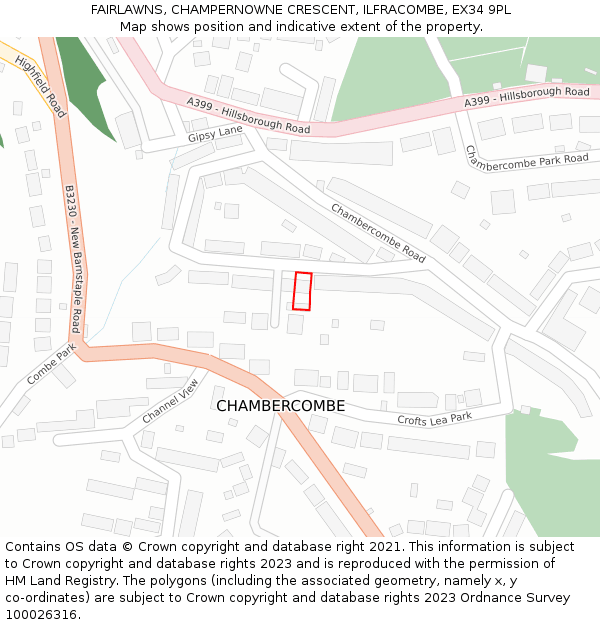 FAIRLAWNS, CHAMPERNOWNE CRESCENT, ILFRACOMBE, EX34 9PL: Location map and indicative extent of plot