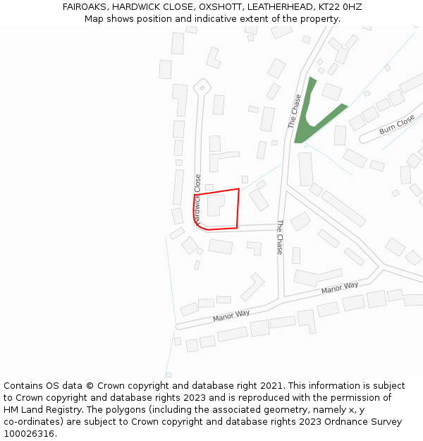 FAIROAKS, HARDWICK CLOSE, OXSHOTT, LEATHERHEAD, KT22 0HZ: Location map and indicative extent of plot