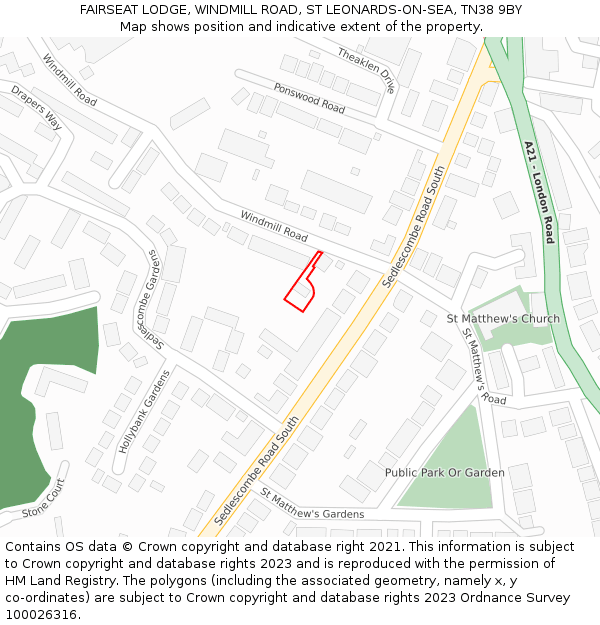 FAIRSEAT LODGE, WINDMILL ROAD, ST LEONARDS-ON-SEA, TN38 9BY: Location map and indicative extent of plot