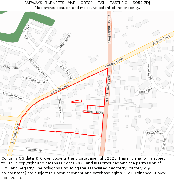 FAIRWAYS, BURNETTS LANE, HORTON HEATH, EASTLEIGH, SO50 7DJ: Location map and indicative extent of plot