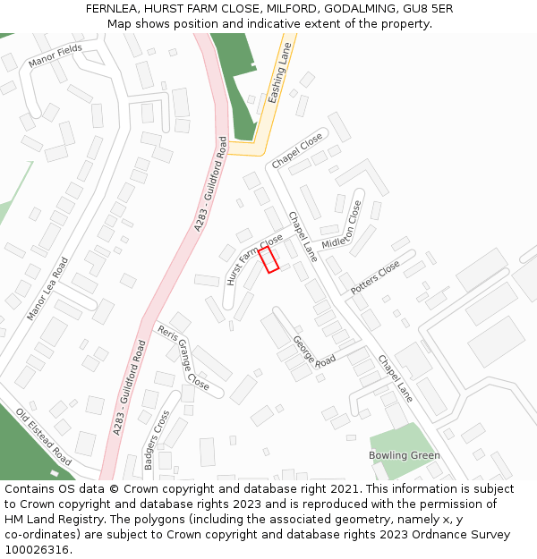 FERNLEA, HURST FARM CLOSE, MILFORD, GODALMING, GU8 5ER: Location map and indicative extent of plot