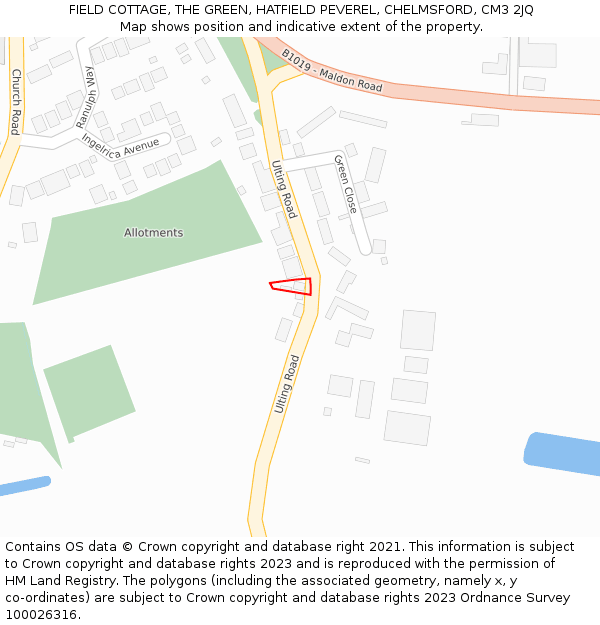 FIELD COTTAGE, THE GREEN, HATFIELD PEVEREL, CHELMSFORD, CM3 2JQ: Location map and indicative extent of plot