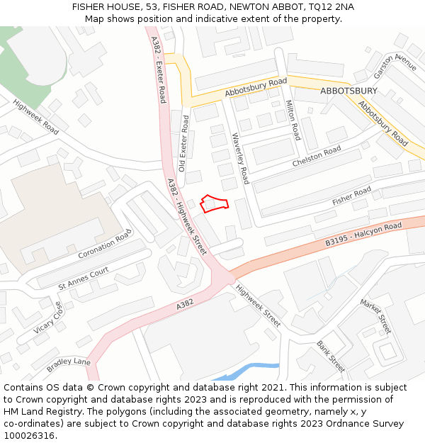 FISHER HOUSE, 53, FISHER ROAD, NEWTON ABBOT, TQ12 2NA: Location map and indicative extent of plot