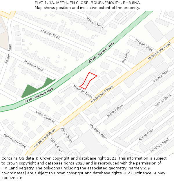 FLAT 1, 1A, METHUEN CLOSE, BOURNEMOUTH, BH8 8NA: Location map and indicative extent of plot