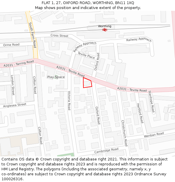 FLAT 1, 27, OXFORD ROAD, WORTHING, BN11 1XQ: Location map and indicative extent of plot