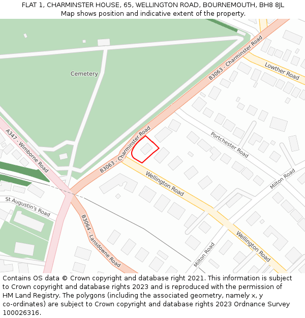 FLAT 1, CHARMINSTER HOUSE, 65, WELLINGTON ROAD, BOURNEMOUTH, BH8 8JL: Location map and indicative extent of plot