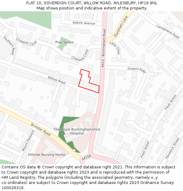 FLAT 10, SOVEREIGN COURT, WILLOW ROAD, AYLESBURY, HP19 9NL: Location map and indicative extent of plot